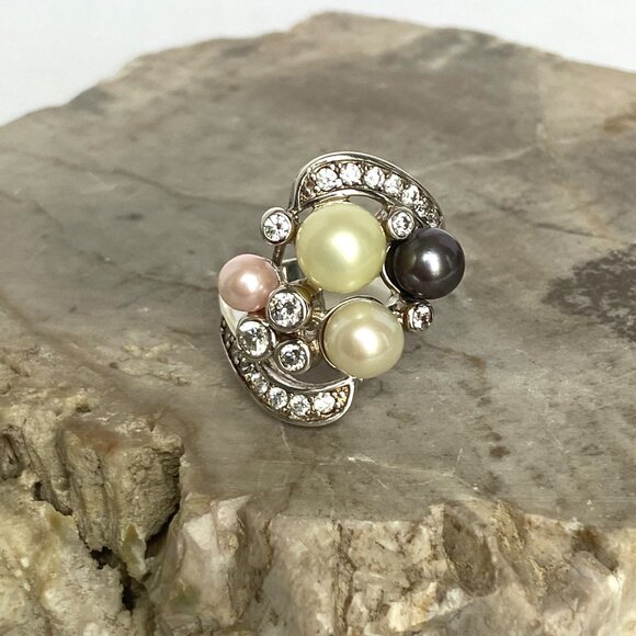 Joseph Esposito Sterling Silver 925 Pearl & Cubic Zirconia Cocktail Ring Sz 7 - Picture 13 of 16